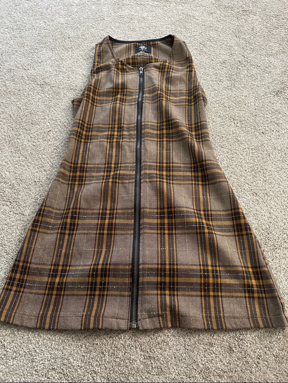 Vintage Valfre’ Plaid Zip-Front Sleeveless mini Dress in Brown and Mustard M